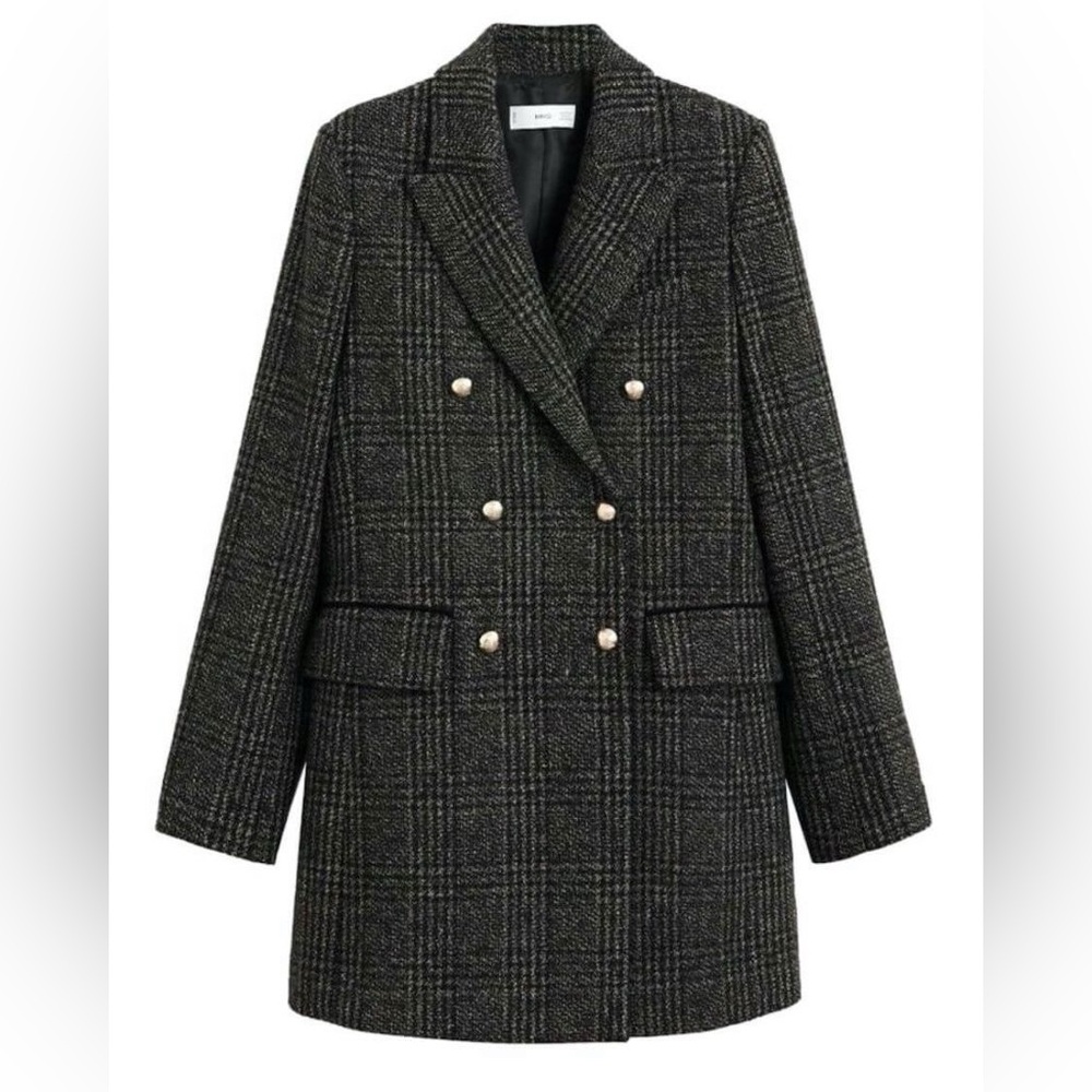 Mango Black and Gray Double-Breasted Wool Blend Coat, S